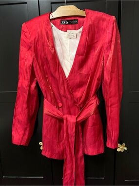 ZARA Hot Pink Satin Tie-Belt Blazer Jacket